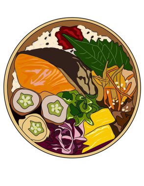 Bento 'nun el çizimi, somonlu pilav ve çeşitli serseriler..