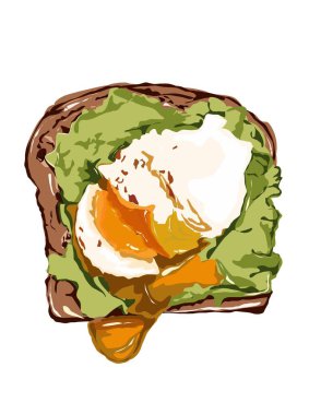 Elle çizilmiş resimli yumurta ve avokado püresiyle kızarmış ekmek sandviçi..