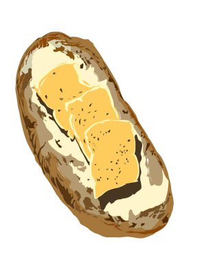 Sosis ve tereyağlı tost, el çizimi, beyaz arka planda.