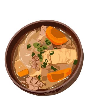 Sebzeli çorba, vektör çizimi, beyaz arka planda izole edilmiş.