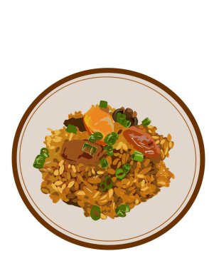 Elle çizilmiş, sebzeli pilav ve tabakta kızarmış yumurta..