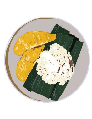 Hand drawn illustration of Durian sticky rice. Sticky rice cook with coconut milk, served with durian and coconut milk as gravy. Thai popular dessert. clipart