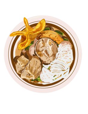 Bir kase Bakso eriştesinin el çizimi, Endonezya mutfağı..