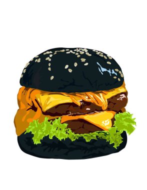 Siyah kömür çöreği ve sarı soslu sığır burger çizimi..