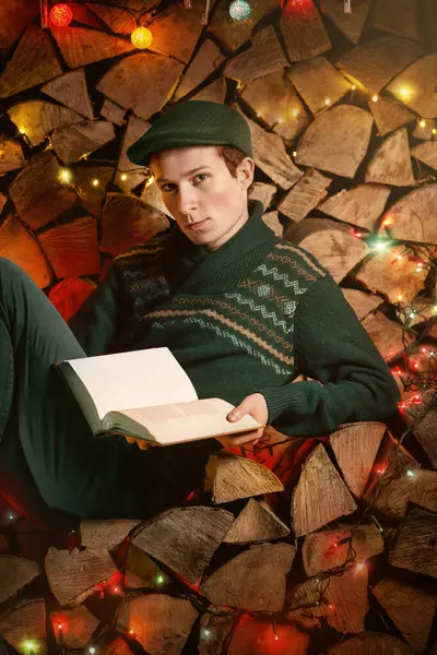 Noel elfi ya da cücesi gibi yeşil giyinmiş bir çocuk tarafından açılmış boş bir kitap. Noel süslemeleriyle çevrili yakacak odunların üzerinde oturan bir adam. Şömine odununun üzerinde yeşil şapkalı, kazaklı ve pantolonlu bir çocukla Noel ışıkları. Noel hikayeleri.