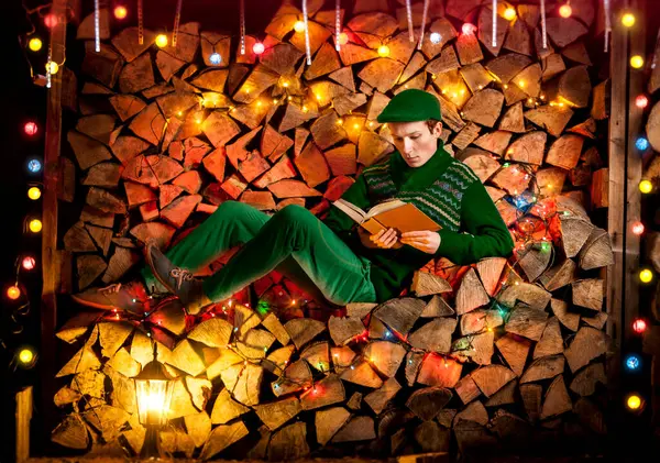 Bir Noel elfi, ya da belki yeşil kazaklı bir çocuk ve düz şapkalı bir pantolon, bir Noel cücesine benziyor. O, evin yanındaki doğranmış odun üzerinde otururken bir kitap okuyor. Kitap ya Noel hikayeleri ya da Noel Baba 'ya mektuplar.. 