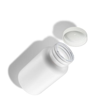İlaç ya da beslenme takviyeleri için beyaz ilaç şişesi, kapağı vidalanmamış, beyaz bir arka plan üzerinde yüzüyor. Plastik tıbbi ambalaj, stiren ve güvenlik kapatıcısı. İlaçlar için beyaz opak plastik ambalaj