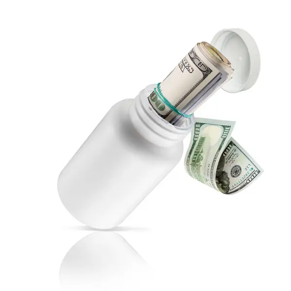 Beyaz bir PET ilaç şişesi olarak tasvir edilen Amerikan ilaç pazarı. Yüzlerce Amerikan doları oradan dökülüyor. 100 dolar, 1000 dolar. Tedavi ve masrafları, ve belki de rüşvetler. Para ve ilaç..