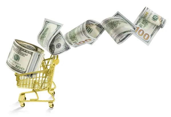 Kağıt para 100 dolar ve daha fazla. Çılgın alışveriş ve promosyonlar. Altın bir alışveriş arabasından para uçuyor. Büyük tasarruf ya da masraflar. Yaşam ve mağaza fiyatları. Ticaret ve kazanç. Para beyaz arka planda uçuyor. ABD Doları ve değeri.