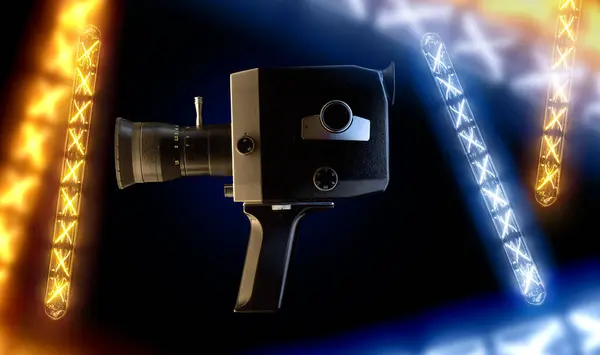 Klasik analog 8mm film kamerası modern neon LED 'lerle çevrili, ılık sarı ve soğuk mavi ışıkla. Film kaydı. Devamlı ışıklandırma. Klasik film tekniğinde film ve projeksiyon temaları