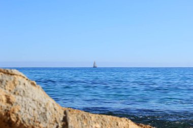 Küçük beyaz bir yelkenli açık güneşli bir günde denize açıldı.