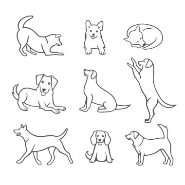 Farklı pozlarda köpekler. Vektör illüstrasyonu