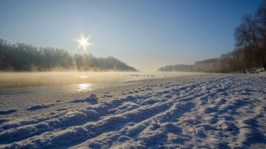Donmuş nehir, kar, ağaçlar ve buzla kaplı güzel kış manzarası..