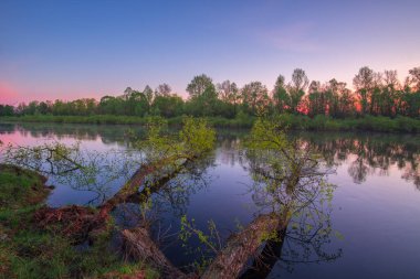 Yazın bir nehirde gün batımı