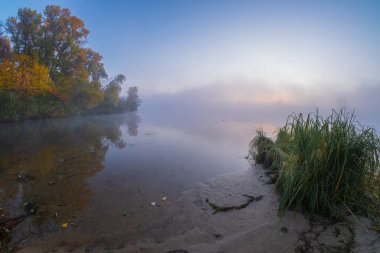 Renkli ağaçlarla kaplı sisli sonbahar gölü