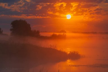 Yaz sabahında bir gölde gün doğumu.