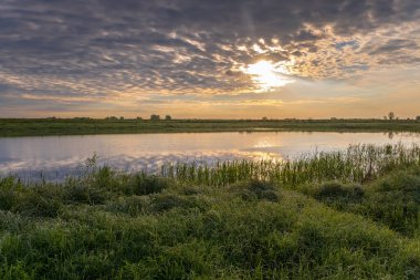 Yaz akşamları nehir manzarası, yeşil çayır ve mavi gökyüzü.