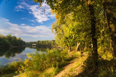 Bir nehir, ağaçlar ve mavi gökyüzü ile sonbahar manzarası