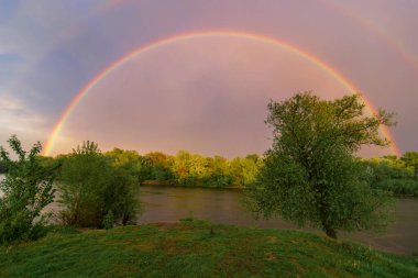 Ormandaki gölün üzerinde gökkuşağı. Güzel manzara