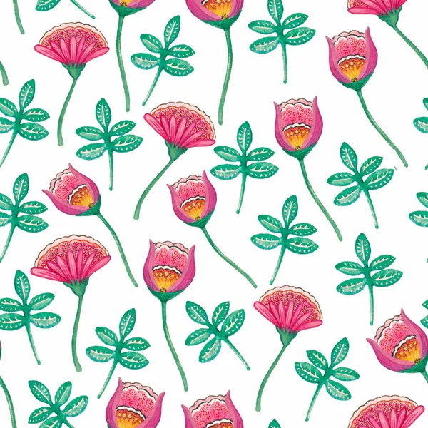 水彩民俗花シームレスパターン 描かれた花 自然背景 植物要素 繊維の背景 — ストック写真