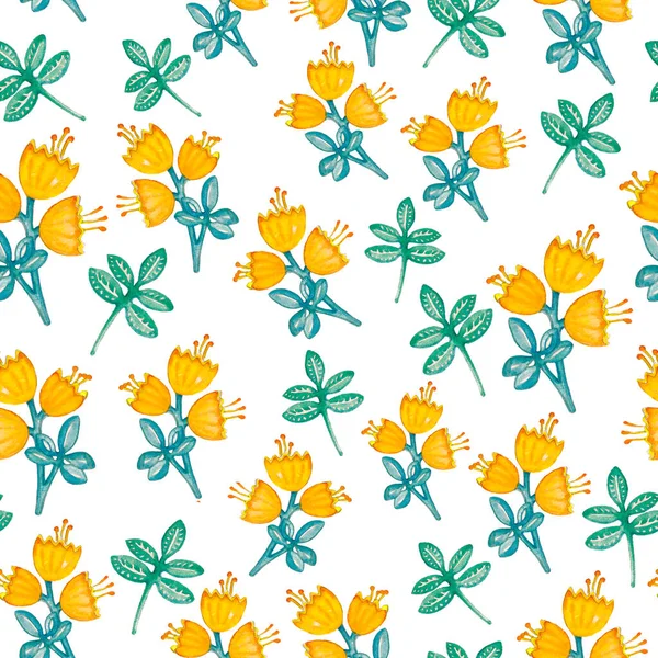 水彩民俗花シームレスパターン 描かれた花 自然背景 植物要素 テキスタイルデザイン — ストック写真
