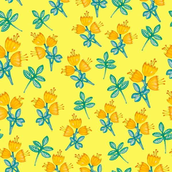 Aquarell Volksblumen Nahtlose Muster Wildblumen Hintergrund Grüne Blätter Dekorative Hintergrund — Stockfoto