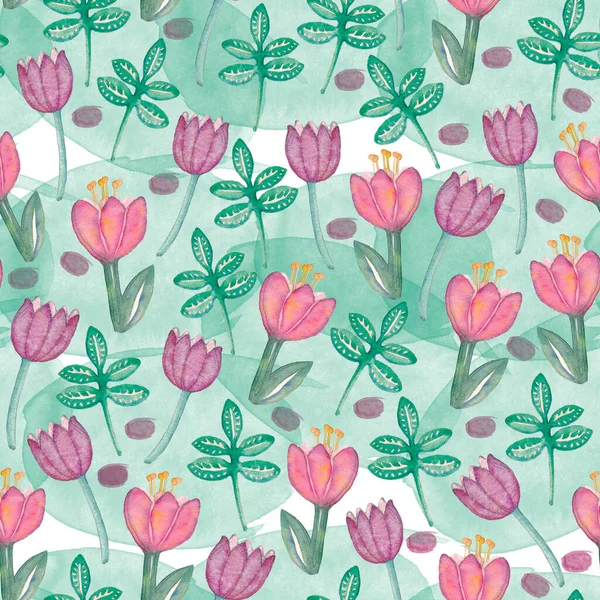 水彩民俗花シームレスパターン 野の花の背景 緑の葉 装飾的な背景 テキスタイルデザイン — ストック写真
