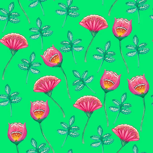 Aquarell Volksblumen Nahtlose Muster Wildblumen Hintergrund Grüne Blätter Ornamentaler Hintergrund — Stockfoto