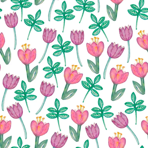 水彩民俗花シームレスパターン 野の花の背景 緑の葉 装飾的な背景 テキスタイルデザイン 包装紙 — ストック写真