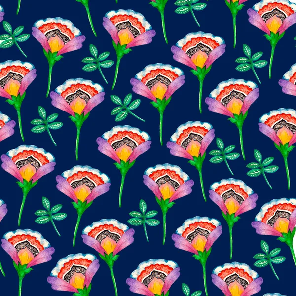 Aquarell Volksblumen Nahtlose Muster Wildblumen Hintergrund Grüne Blätter Dekorative Hintergrund — Stockfoto