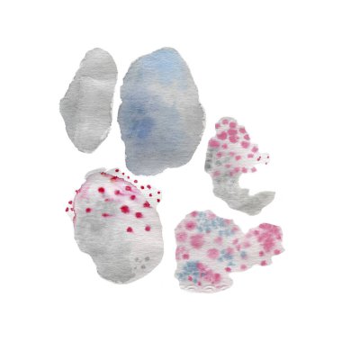Watercolor simple abstract blobs clip art, simple paint spots, decorative elements, isolated, cold colors, simple drawing. High quality photo, paper design