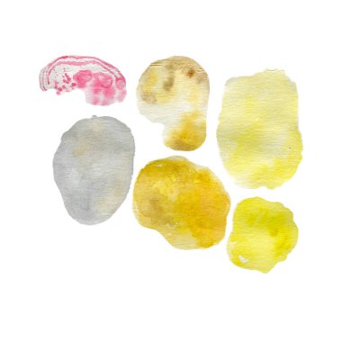 Watercolor simple abstract blobs clip art, simple paint spots, decorative elements, isolated, bright colors, simple drawing, yellow colors set. High quality photo, paper design
