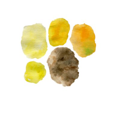 Watercolor simple abstract blobs clip art, simple paint spots, decorative elements, isolated, bright colors, simple drawing, yellow colors set. High quality photo, paper design