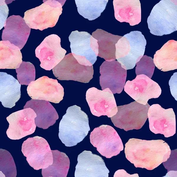 Watercolor simple abstract blobs pattern, watercolor spots, transparent, colorful, tiny colours background, Tiffany colours, mild pallet, deep blue background. High quality illustration, paper design