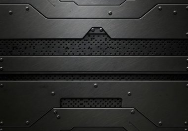 Perçin ve cıvataları olan karanlık metal sanayi paneli