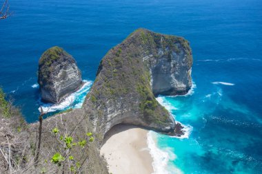 Kelingking Sahili 'nin beyaz kumlu plajı ve denize dökülen dinozorlara benzeyen eşsiz tepeler Nusa Penida Adası, Bali, Endonezya' nın ünlü plajlarıdır.