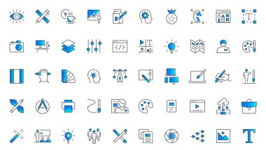 Grafik tasarımı modası geçmiş düz çizgi simgesi paketi. Grafik tasarımı için simgeler, web tasarım simgesi seti