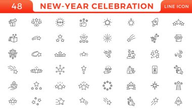 Yeni yıl kutlaması sembolü. Mutlu yeni yıl çizgi simgesi koleksiyonu