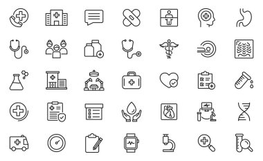 Tıbbi ve sağlık hizmetleri ikonu seti. İnsan organları, haplar, tedavi, ilk yardım, tıbbi gereçler. İnce çizgi simgesi seti. Taslak simge koleksiyonu.