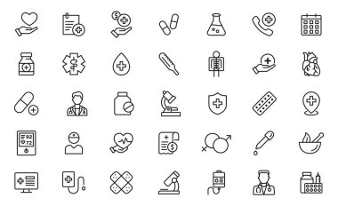 Tıbbi ve sağlık hizmetleri ikonu seti. İnsan organları, haplar, tedavi, ilk yardım, tıbbi gereçler. İnce çizgi simgesi seti. Taslak simge koleksiyonu.