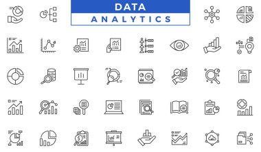 Veri analiz çizgisi simgesi ayarlandı. Web sitesi ve mobil uygulama için veri işleme resim çizgisi. Dijital analitik basit UI, UX vektör vektör kolleksiyonu