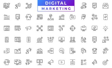 Dijital pazarlama ikonu. Arama motoru optimizasyon ana hatları simge koleksiyonu. Web sitesi, arama, e- posta, analiz, içerik, strateji, geliştirme satırı vektör koleksiyonu 