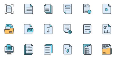 Belge moda simge koleksiyonu. Kontrat belgeleri, klasör, sertifika, kabul et, onayla, pano, fatura, arşiv ve daha basit sanat tarzı simgeleri içeren