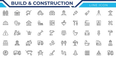 İnşa ve inşaat ikonu seti. Mimari, buldozer, araçlar, temel, çimento, inşaat, vinç, duvar, bina, palet ve buldozer illüstrasyonu