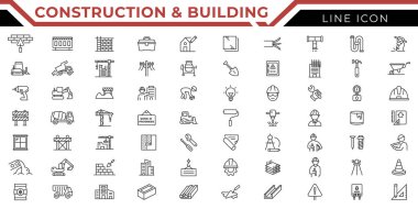 Yapı & bina simgesi seti. Mimari, buldozer, araçlar, temel, çimento, inşaat, vinç, duvar, bina, palet ve buldozer illüstrasyonu