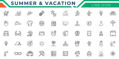 Yaz Tatili Düzenlenebilir Simgeler seti. Seyahat simgelerinin modern ince çizgi biçiminde vektör illüstrasyonu.