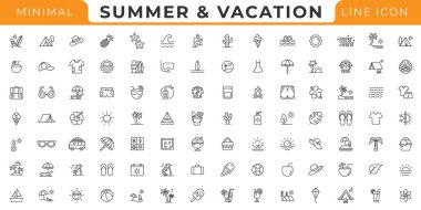 Yaz Tatili Düzenlenebilir Simgeler seti. Seyahat simgelerinin modern ince çizgi biçiminde vektör illüstrasyonu.