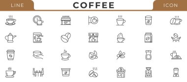 Kahve çizgisi simgesi seti. İçinde latte, kahve çekirdeği, cappuccino, espresso, kahve dükkanı, şeker ve kafein var.