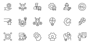 Yumuşak Yetenek satırı düzenlenebilir simge seti. Yüksek beceri, moral bozucu, kişisel büyüme, kalkınma, eğitim, kariyer ve daha fazlası ile ilgili simgeler içerir