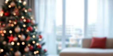 Festive living room with a beautifully decorated Christmas tree in soft focus. clipart